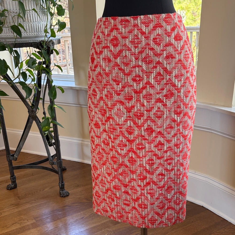 Lafayette 148 New York Red and White Patterned Pencil Skirt